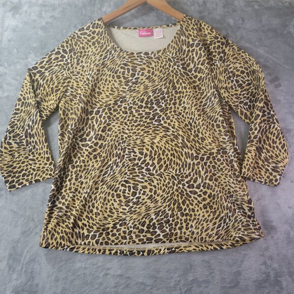 Pappagallo Women Leopard Print Top L Brown Black Animal Print 3/4 Sleeve Stretch - Picture 1 of 7